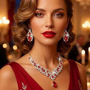 Rhinestone Jewelry Set Silver Crystal Necklace and Earring Set Stunning Fashion
